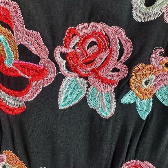 Kirundo Size L Floral Embroidered Ruffle Sleeve Knee Length Dress Navy White Dot - Picture 4 of 9